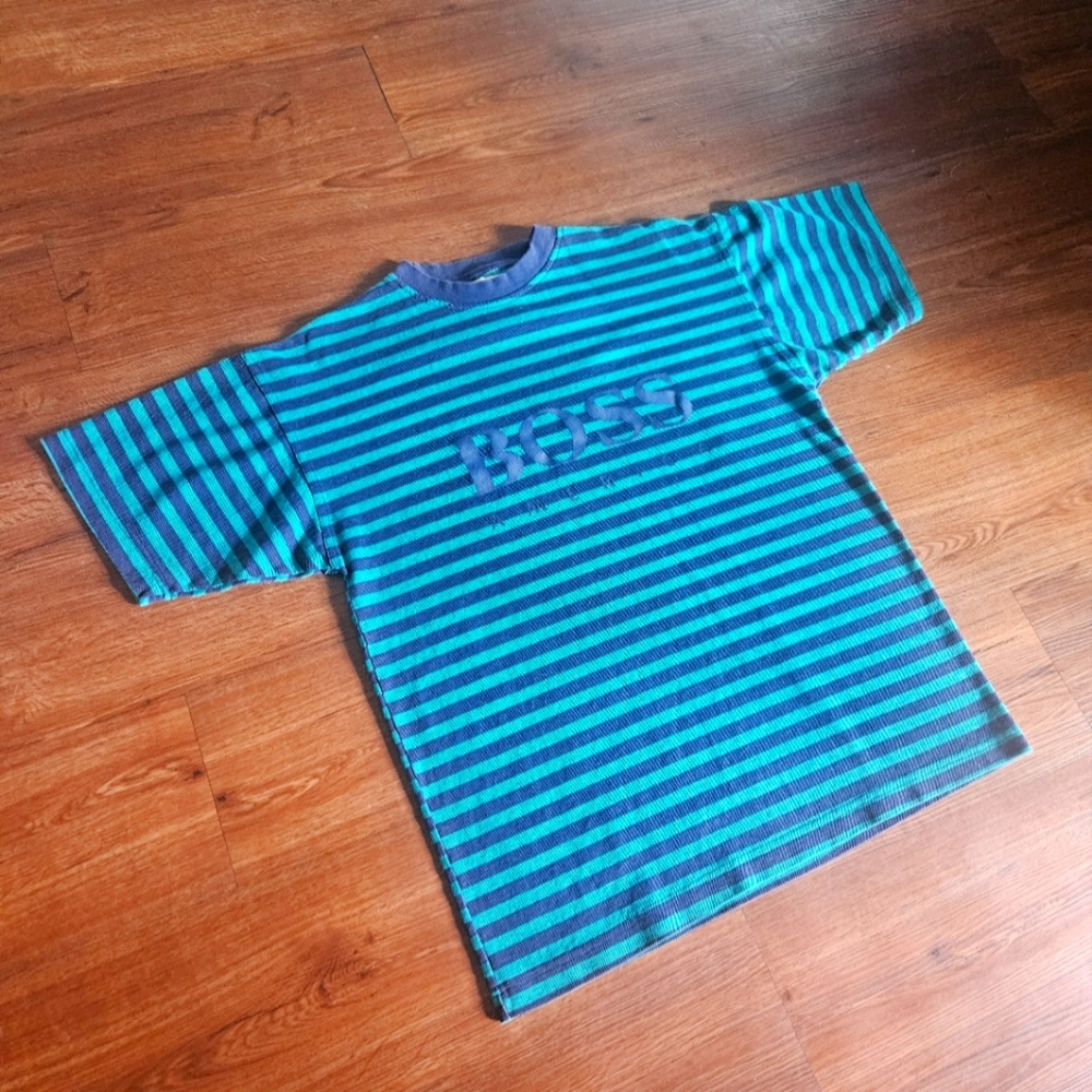 Vintage Hugo Boss America Textured Blue Green Striped T Shirt Medium